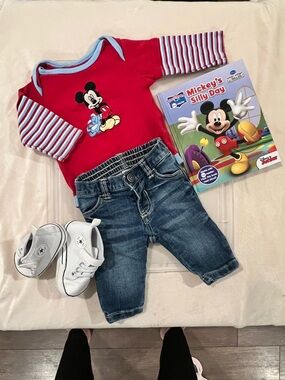 Disney Red Mickey Mouse Infant Bodysuit with Blue Trim and Striped Sleeves Y2K